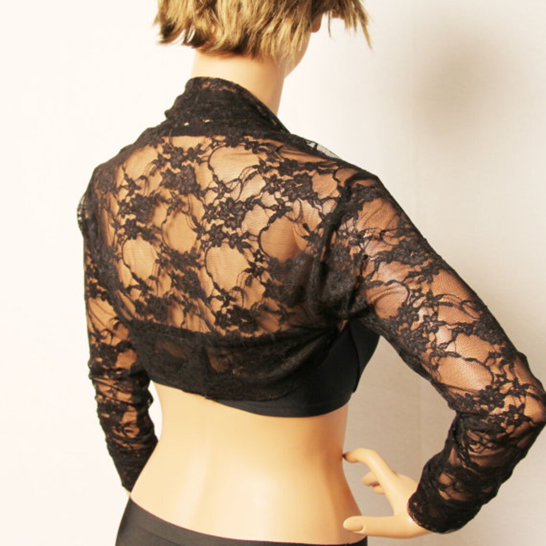 black lace shrug for dresses Floral Lace Shrug for Women's Ruffle Evening Dress Long Sleeve Open Front Cropped Cardigan